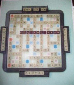 Valerie Duff's Scrabble board with her mother's name spelled out.