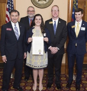 From left are Rep. Mike Cheokas stands with Vice President for Academic Affairs Brian Adler, GSW Student Government Association President Samantha Price, Interim President Charles Patterson and University Relations Director Stephen Snyder following the presentation of a House resolution.