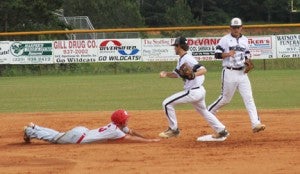 Michael Murray/Americus Times-Recorder: Schley’s Blake Howell tags the bag to complete an unassisted double play during the third inning of the Wildcats’ April 25 regular-season closer against Hawkinsville.