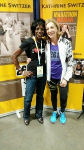 Submitted by Charlene Pennymon: Pennymon stops to take a photo with running legend, Kathrine Switzer before the race. Switzer was the first woman to compete in the Boston Marathon in 1967 and is planning on participating next year in commemoration of the fiftieth anniversary of this milestone.