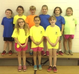 1st Grade Gold Honor Roll: Awarded to students who have achieved a 95 in each major subject through the first three nine weeks of school. Front row:  Laney Dew, Audrey Morrow, Emmalyn Snyder; back row: Braden Dew, Brynley Herrin, Myles Smith, Ellie Williams, Katie Greene, Ansley Salter. Not pictured is Kamrie Holton.