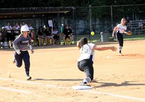 Michael Murray/Americus Times-Recorder:   Southland senior, Kaitlyn Smith, reaches out to snag the ball and dispatch a Tiftarea runner during the Lady Raiders’ Sept. 22 contest against the Lady Panthers in Americus.