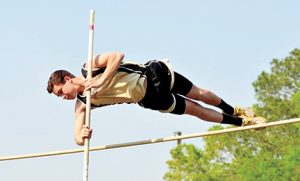 MICHAEL MURRAY I ATR:   In this photo, from the April 9, 2016 edition of the Times-Recorder shows Southland pole vaulter, Brody Shattles, taking a powerful leap over the bar during the GISA Region 3-IAAA meet in Albany. Southland went on to send 19 track and field athletes to the state meet several weeks later.