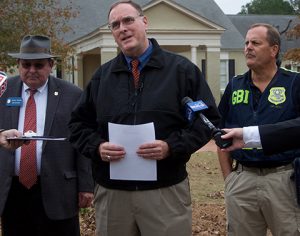 At the first press conference, held after noon Wednesday, Americus Police Chief Mark Scott, center, is shown with Vernan Keenan, director of the GBI, at left; and Special Agent in Charge Danny Jackson, at right, of the GBI Region 3 Office, Americus.